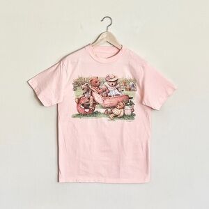 NEW Vintage 1995 Janet Kruskamp Teddy Bear Flower Garden Pink T Shirt Adult M